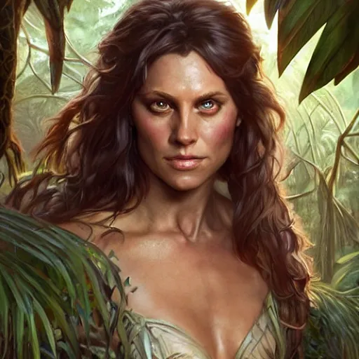 Image similar to Tarzan in the jungle, D&D, fantasy, intricate, elegant, highly detailed, digital painting, artstation, concept art, matte, sharp focus, illustration, hearthstone, art by Artgerm and Greg Rutkowski and Alphonse Mucha