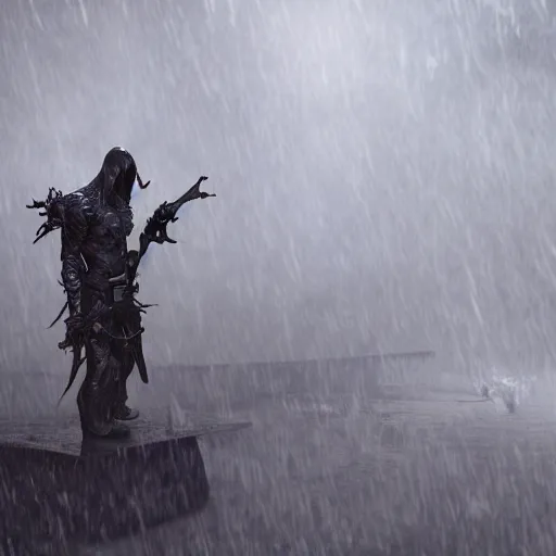 Image similar to demonic figure standing in the rain after big battle soldiers dead behind him dark award winning, trending on artstation, unreal engine