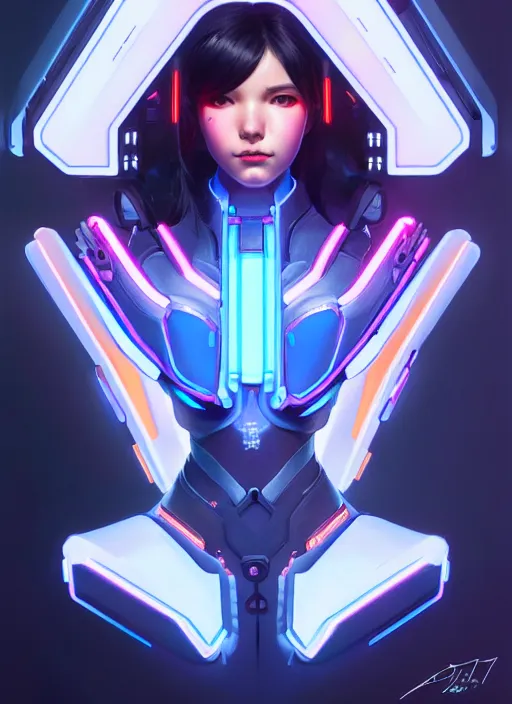 Image similar to symmetry portrait of dva from overwatch, sci - fi, tech wear, glowing lights intricate, elegant, highly detailed, digital painting, artstation, concept art, smooth, sharp focus, illustration, art by artgerm and greg rutkowski and alphonse mucha