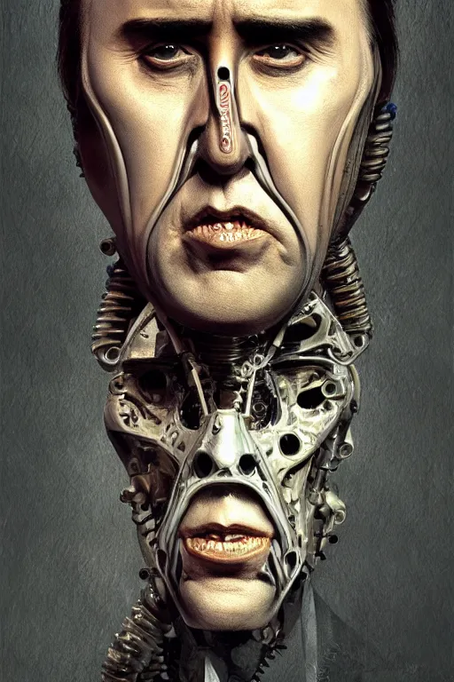 Image similar to Nicolas Cage as biomechanical alien cyborg intricate, smooth, artstation, painted by Hans Giger