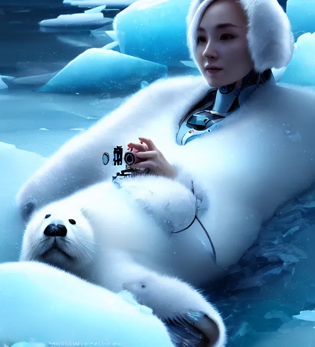 Prompt: portrait of a cyborg robot baby harp seal emerging from from an ice river, cinematic lighting, photorealistic, octane render, 8 k, depth of field, art by artgerm and greg rutkowski and alphonse mucha and uang guangjian