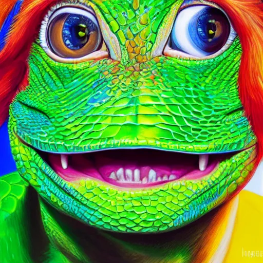 Image similar to president hillary clinton as a smiling laughing bright green lizard person, airbrush painting, hyper detailed, 8 k, photorealism, rule of thirds,.