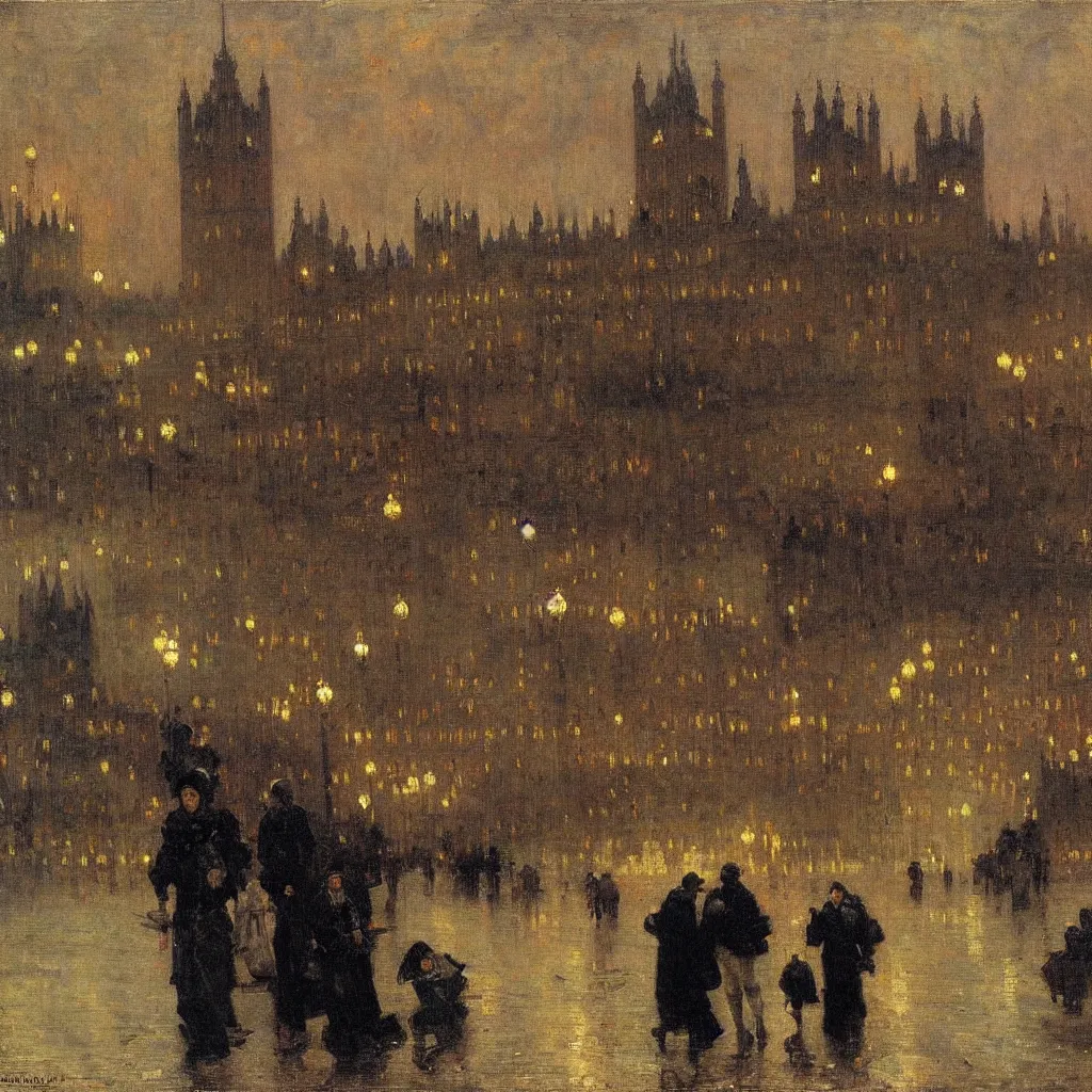 Image similar to the houses of parliament, 1915, gloomy weather highly detailed oil on canvas, by Ilya Repin