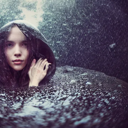 Image similar to Gorgeous primitive woman with a ginormous rock overhead, holding her hands out to the camera, in a rainy environment, fisheye!!!!! lens!!!!!, rainy and wet atmosphere, closeup, dark and grim lighting, trending on artstation, 4k, 8k