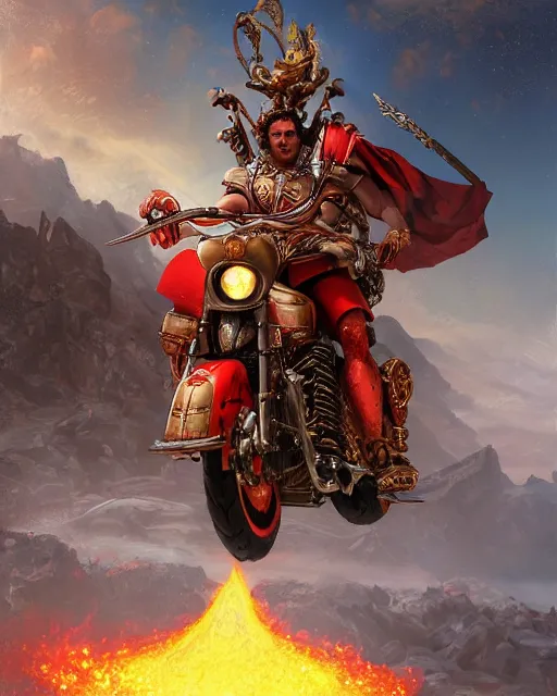 Image similar to Ares the Greek god of war riding a red Harley Davidson on Mount Olympus, wearing a golden helmet ,D&D, fantasy, cinematic lighting, centered, symmetrical, highly detailed, digital painting, artstation, concept art, smooth, sharp focus, illustration, volumetric lighting, epic Composition, 8k, art by Akihiko Yoshida and Greg Rutkowski and Craig Mullins, oil painting, cgsociety