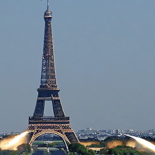 Image similar to nasa space shuttle crashes into eiffel tower