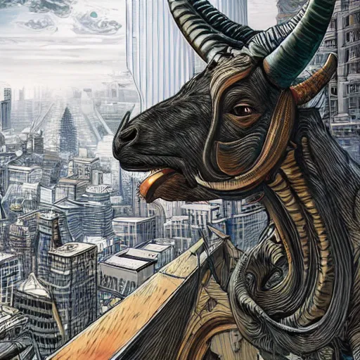 Prompt: a horned goat in a cityscape, intricate, futuristic, ultra realistic, hyper detailed, cinematic, bold,