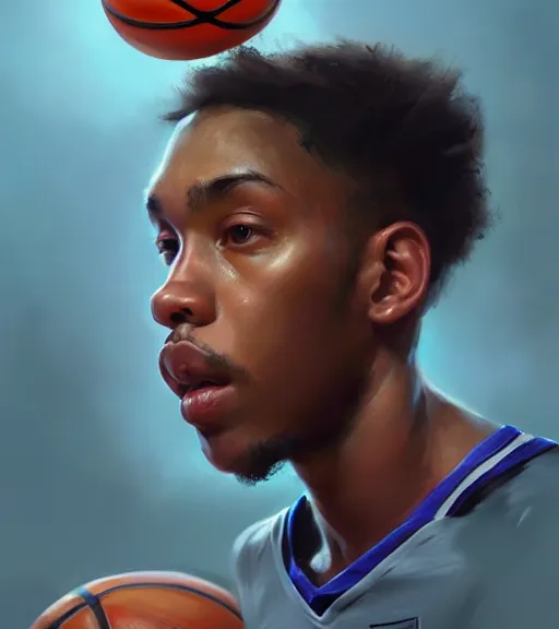 Prompt: portrait of a boy playing basketball wearing a basketball uniform, intricate, elegant, highly detailed, centered, digital painting, artstation, concept art, smooth, sharp focus, illustration, by Peter Mohrbacher, WLOP