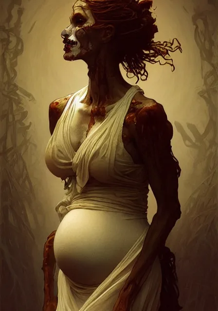 Image similar to pregnant mummy zombie, intricate, elegant, highly detailed, digital painting, artstation, concept art, smooth, sharp focus, illustration, art by artgerm and greg rutkowski and alphonse mucha and william - adolphe bouguereau