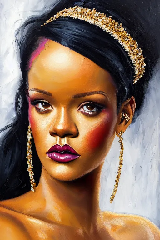 Prompt: palette knife oil painting portrait of rihanna, a princess - with gold tiara with rubies and diamonds, woman in white dress and australian aboriginal body paint, concrete balcony, nightclub, artstation trending, artgerm, any racial background, deviant art, hipster, octane, substance, art history 8 k