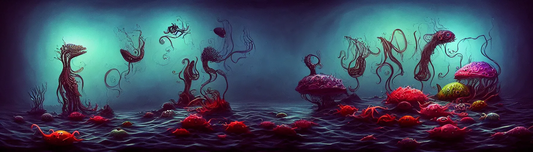 Prompt: whimsical strange small sea creatures from the depths of the imaginal realm, dark eerie dramatic lighting, detailed and atmospheric surreal darkly colorful painting by ronny khalil