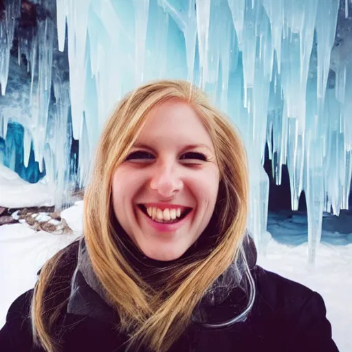 Prompt: happy blonde girl in a freezing ice cave with lots of icicles