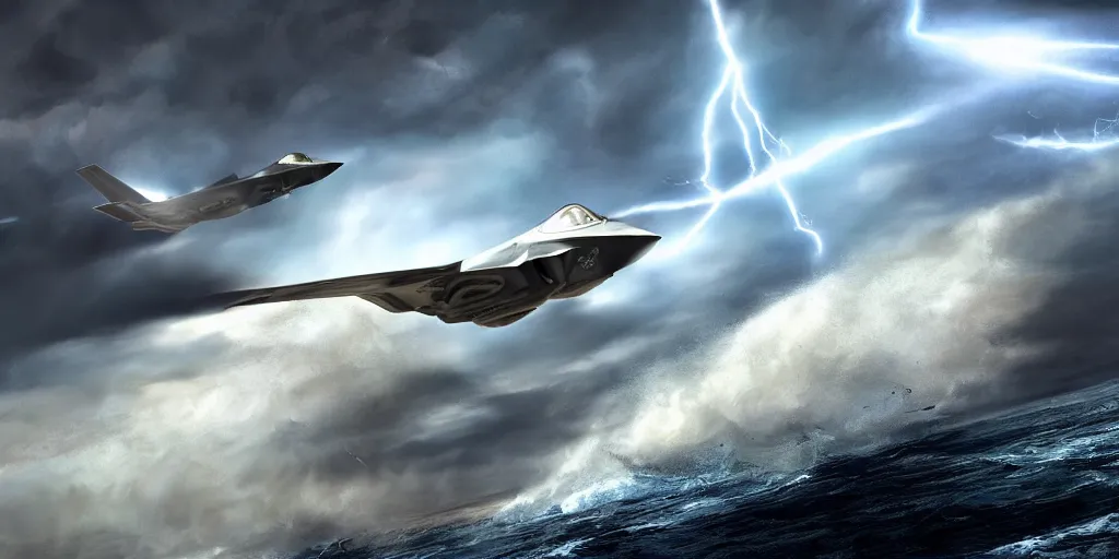 Prompt: A Lockheed Martin F-35 Lightning II flying through a tumultuous sea, dramatic, tornado, digital art, dramatic light, artstation