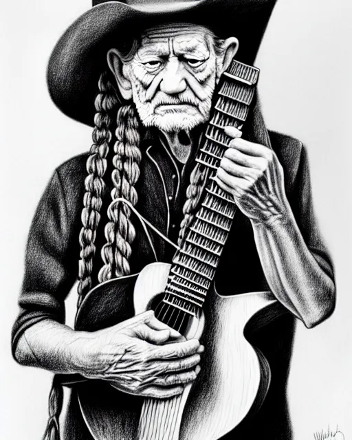 Image similar to a photorealistic portrait of willie nelson hugging his guitar, in the style of salvador dali, pencil drawing, hyperrealist