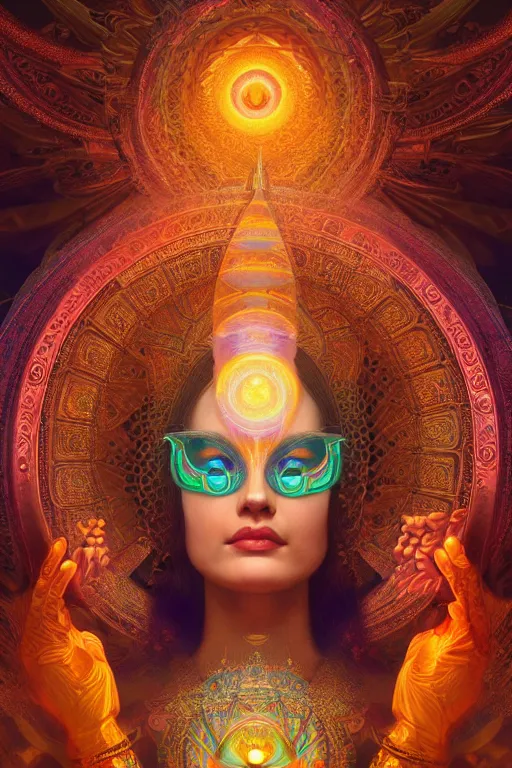 Image similar to a centered render of an alluring goddess wearing a psychedelic mask surrounded by a glorious sacred energy made from geometry and spiral mandel bulb fractals in a majestic temple, powerful, cinematic, beautifully lit, by artgerm, by karol bak, 3 d, trending on artstation, octane render, 8 k