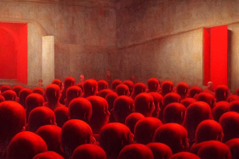 Image similar to only with red, crowd screaming, an exposed painting in a roman theater, in the style of beksinski, parts by edward hopper, parts by rodcenko, parts by yue minjun, intricate and epic composition, red by caravaggio, insanely quality, highly detailed, masterpiece, red light, artstation, 4 k