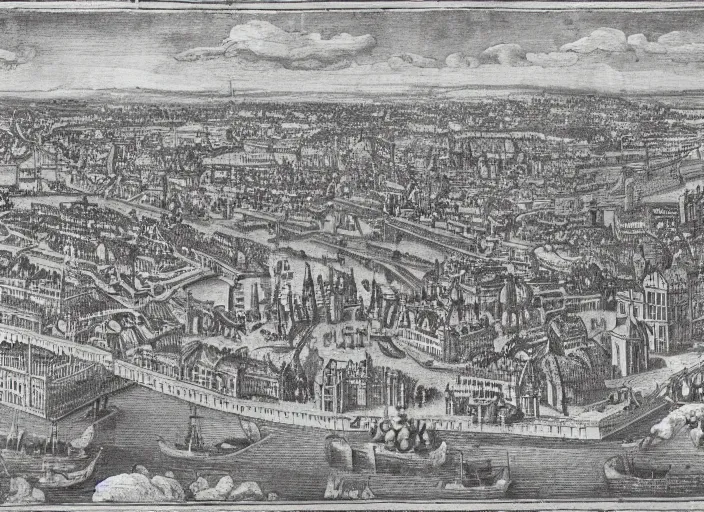 Prompt: detail from Hollar’s Panoramic view of London under attack, 1647