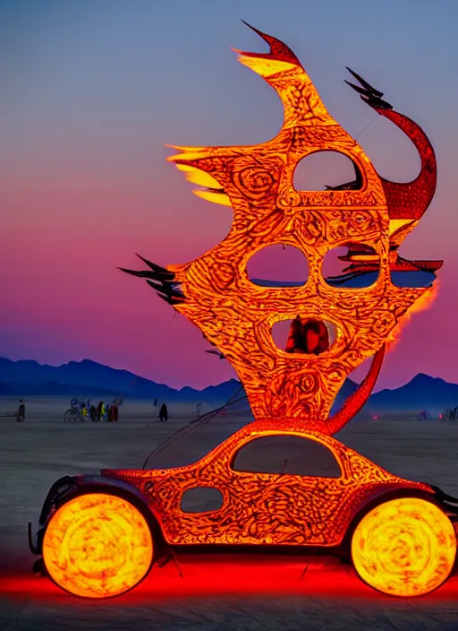 Image similar to burning man art car, sunset, 4 k