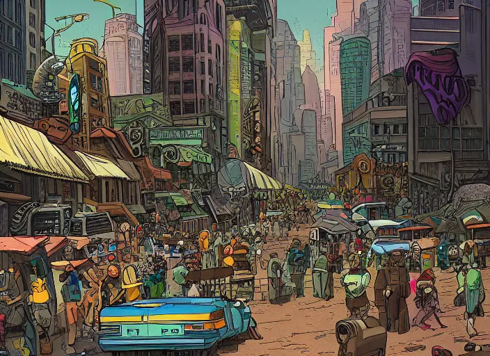 Image similar to close up view of a bustling city street on an alien planet by jeff darrow, earth and pastel colors, dramatic perspective