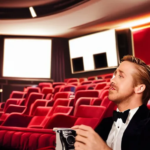 Prompt: ryan gosling in a light suit jacket in a white shirt with a narrow tie and emma stone with red lipstick in an open green dress are watching a movie in a cinema with red chairs. close - up, camera from a low angle, view from the cinema screen. detailed cinematic photo. - - 6