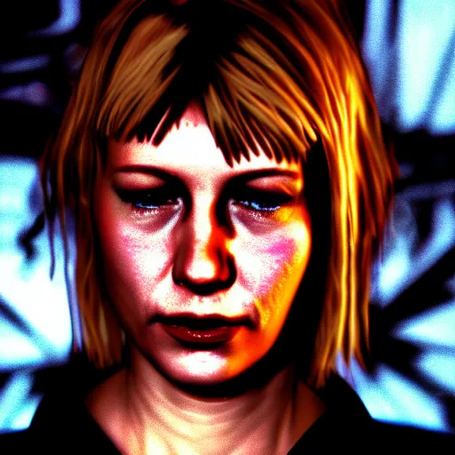 Image similar to close up portrait of heather mason in silent hill 3, on stage at heaven's night nightclub, 8 k, realistic,