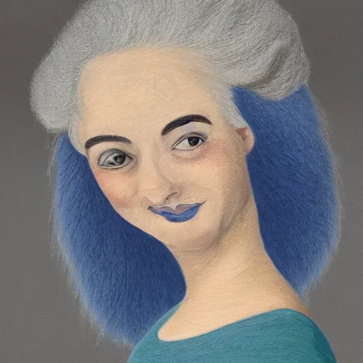 Prompt: Detailed portrait of a serious woman. She has clouds of hair, which float a little as if on their own, private breeze. She stretches. She's tall, her skin is blue, her hair is copious and a lighter blue/white, her ears are pointed and her smile is friendly, though her brows a little arch, maybe. She is quite pretty. She is dressed in a tight leather vest under a blowy shirt, loose pants and short, functional boots. She carries a small knapsack, with a rapier belted at her hip and a brace of daggers on the other side.