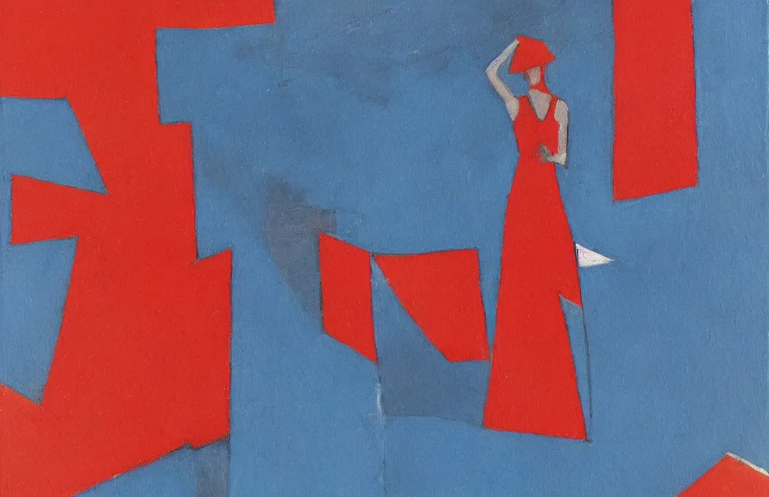 Image similar to a painting in the style of Oscar Florianus Bluemner, a woman in a red dress floats over dark factories