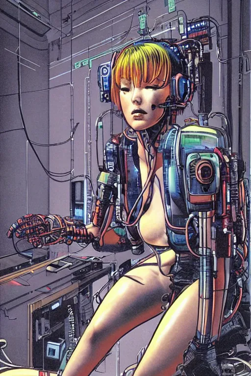 Prompt: a perfect cyberpunk illustration of a female android seated on the floor in a tech labor, seen from the side with her body open showing cables and wires coming out, by masamune shirow, hajime sorayama and katsuhiro otomo, japan, 1980s, dark, colorful