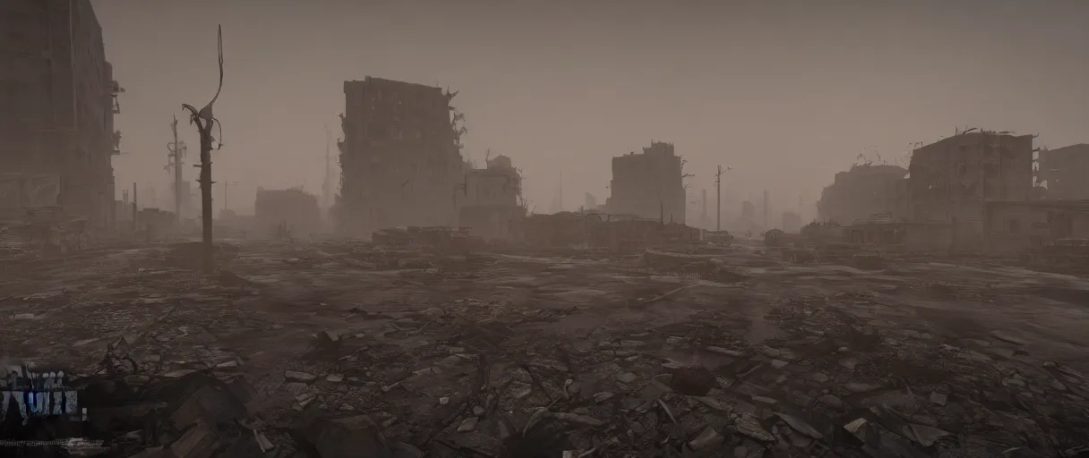 Image similar to post-apocalyptic urban warfare nightmare, decaying wasteland enshrouded in swirls of radioactive fog , high quality, volumetric lighting, cryengine, 8k