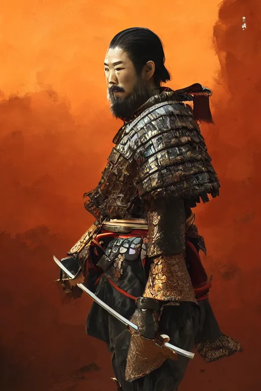 Image similar to Japanese samurai, portrait, fierce, intricate, elegant, volumetric lighting, scenery, digital painting, highly detailed, artstation, sharp focus, illustration, concept art, ruan jia, steve mccurry