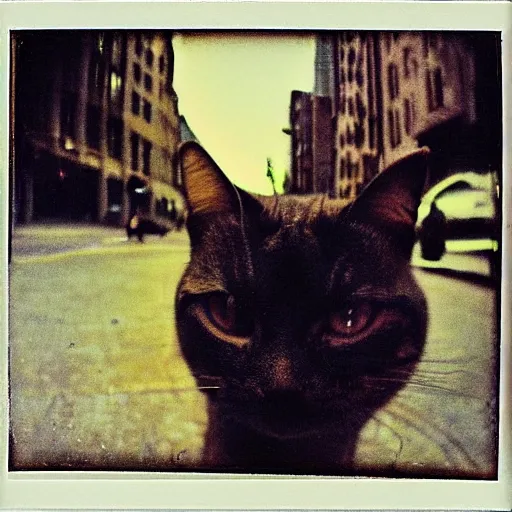 Prompt: go - pro on a cat view, very low - angle, ant's eye view, messy photo of walking in the busy street, polaroid photo, by andy warhol