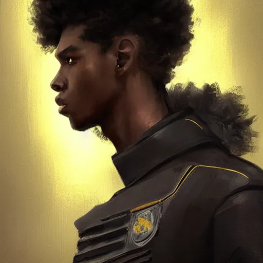 Image similar to portrait of a man by greg rutkowski, he is about 2 0 years old, mixture between afroamerican and japanese, afro hair, young, very tall and slender, he is wearing a futuristic police gear, highly detailed portrait, digital painting, artstation, concept art, smooth, sharp foccus ilustration, artstation hq