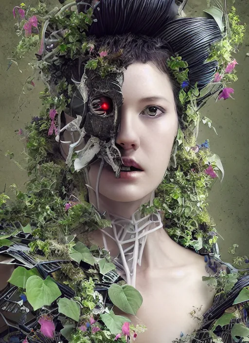 Image similar to studio portrait of a futuristic geisha cyborg overgrown with plants and ivy, modern fine art, fractal, intricate, elegant, highly detailed, digital photography, subsurface scattering, by jheronimus bosch and greg rutkowski,