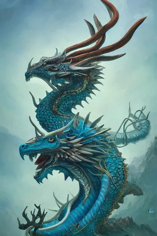 Prompt: cyan the complete dragon has a chinese dragon head, antlers, snake body, and eagle claws. the center of the picture hybrid fantasy, intricate, elegant, highly detailed, digital painting, artstation, concept art, matte, sharp focus, illustration by peter mohrbacher justin gerard zhang yu
