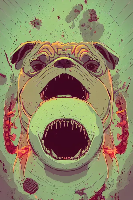 Prompt: demon pug eating flesh. art by mike winkelmann, sticker, colorful, illustration, highly detailed, simple, smooth and clean vector curves, no jagged lines, vector art, smooth, artstation