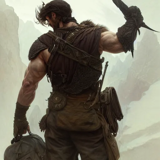 Prompt: portrait of the back of rugged male ranger, masculine, D&D, muscular, fantasy, intricate, elegant, highly detailed, digital painting, artstation, concept art, smooth, sharp focus, illustration, art by artgerm and greg rutkowski and alphonse mucha