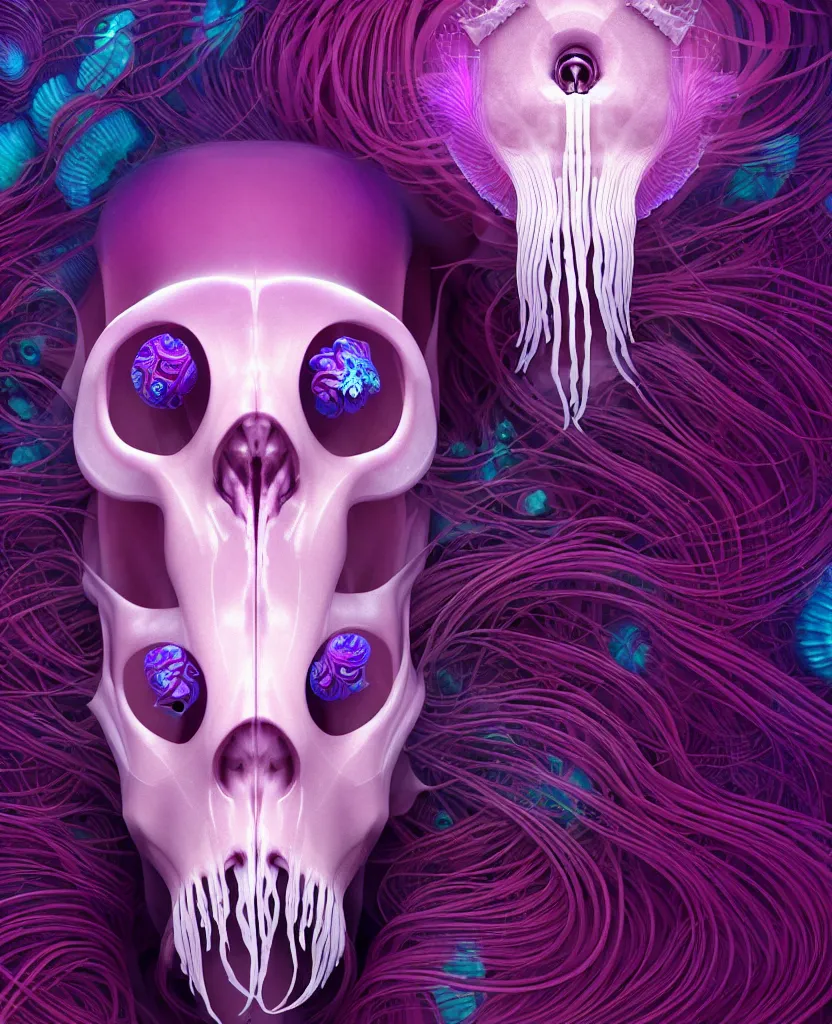 Image similar to goddess princess face close-up portrait ram skull. jellyfish phoenix head, nautilus, orchid, skull, betta fish, bioluminiscent creatures, intricate artwork by Tooth Wu and wlop and beeple. octane render, trending on artstation, greg rutkowski very coherent symmetrical artwork. cinematic, hyper realism, high detail, octane render, 8k