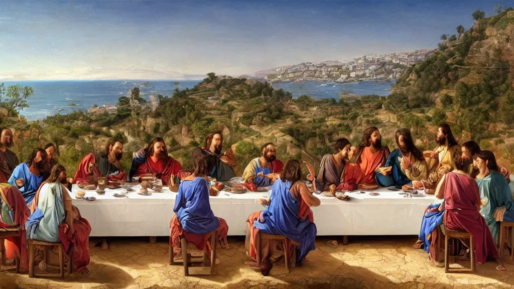 Image similar to the last supper, outside a typical portuguese house, far view, with typical algarve landscape in the back, sunny morning, matte painting, oil canvas, photorealistic illustration, extreme detail, hyper realistic, highly detailed, digital art