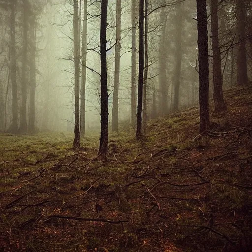 Image similar to horror, photography, cinematic, a pale creeping tangle of human limbs with tufts of hair and deformed features, emerges from the edge of a forest into a field, disturbing, unsettling