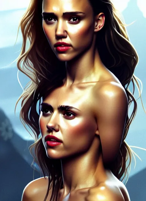Image similar to half Jessica Alba half Nathalie Portman half scarlett johansonna pure seductive angel, full body portrait, slight smile, diffuse natural sun lights, autumn lights, highly detailed, digital painting, artstation, concept art, sharp focus, illustration, art by wlop and greg rutkowski and alphonse mucha and artgerm
