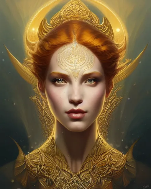 Prompt: Beautiful and playful ethereal ginger portrait, art deco, fantasy, intricate art deco golden designs, elegant, highly detailed, sharp focus, art by Artgerm and Greg Rutkowski and WLOP