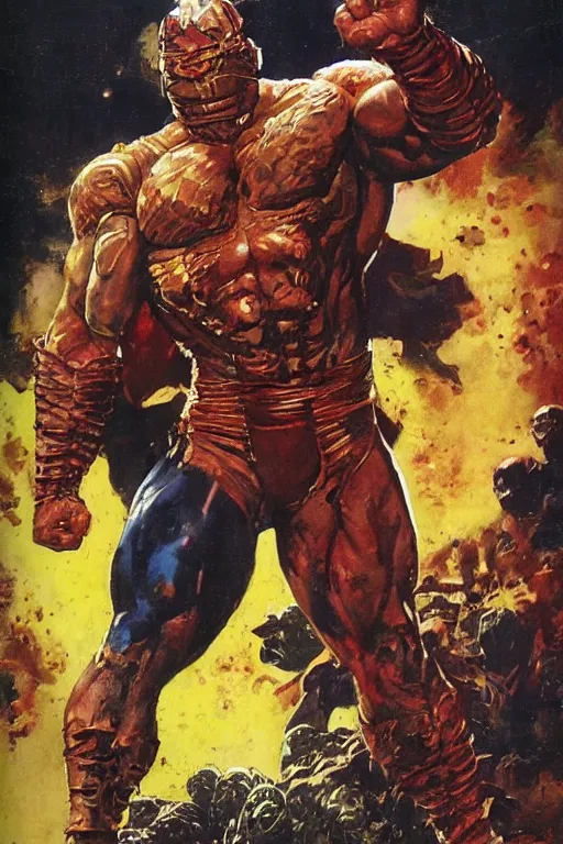 Image similar to dynamic action shot full body and head portrait of dave bautista as superhero juggernaut, painted by norman rockwell and phil hale and greg staples and tom lovell and frank schoonover and jack kirby, dune 1982 movie