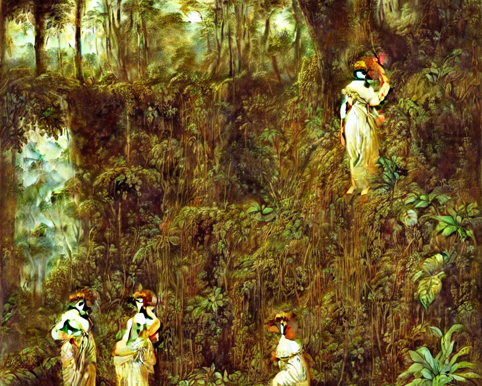 Image similar to a bookshelf in the rainforest by sir lawrence alma - tadema. hyperdetailed, proportional, romantic, enchanting, achingly beautiful, graphic print, trending on artstation, jungle, tropical, foliage