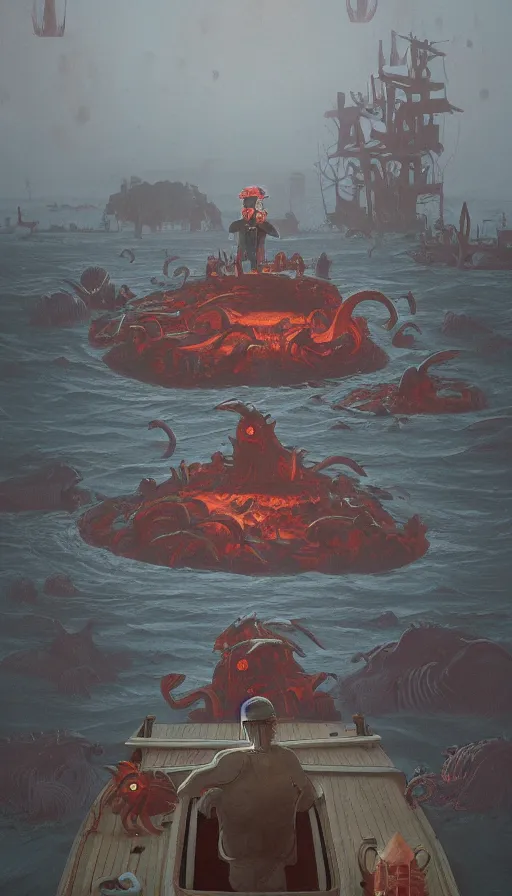 Image similar to man on boat crossing a body of water in hell with creatures in the water, sea of souls, by simon stalenhag