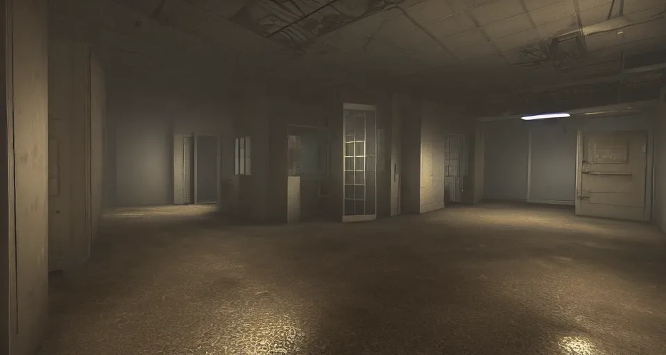 Image similar to An empty office at night with multiple cubicles and a window that provides a view of the city, a demon at the back of the room stares at the camera, Source Engine, Gmod, Half Life 2, Bioshock, Outlast