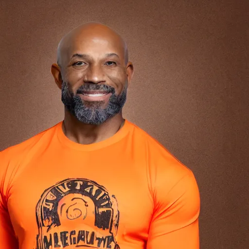 Image similar to a muscular bald middle aged black man with a goatee in an orange gym shirt, high quality portrait