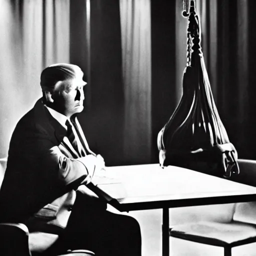 Image similar to a film still from a 1 9 4 0's film noir movie with donald trump sitting at a metal table in an dark interrogation room with a hanging light shining on him, dramatic lighting