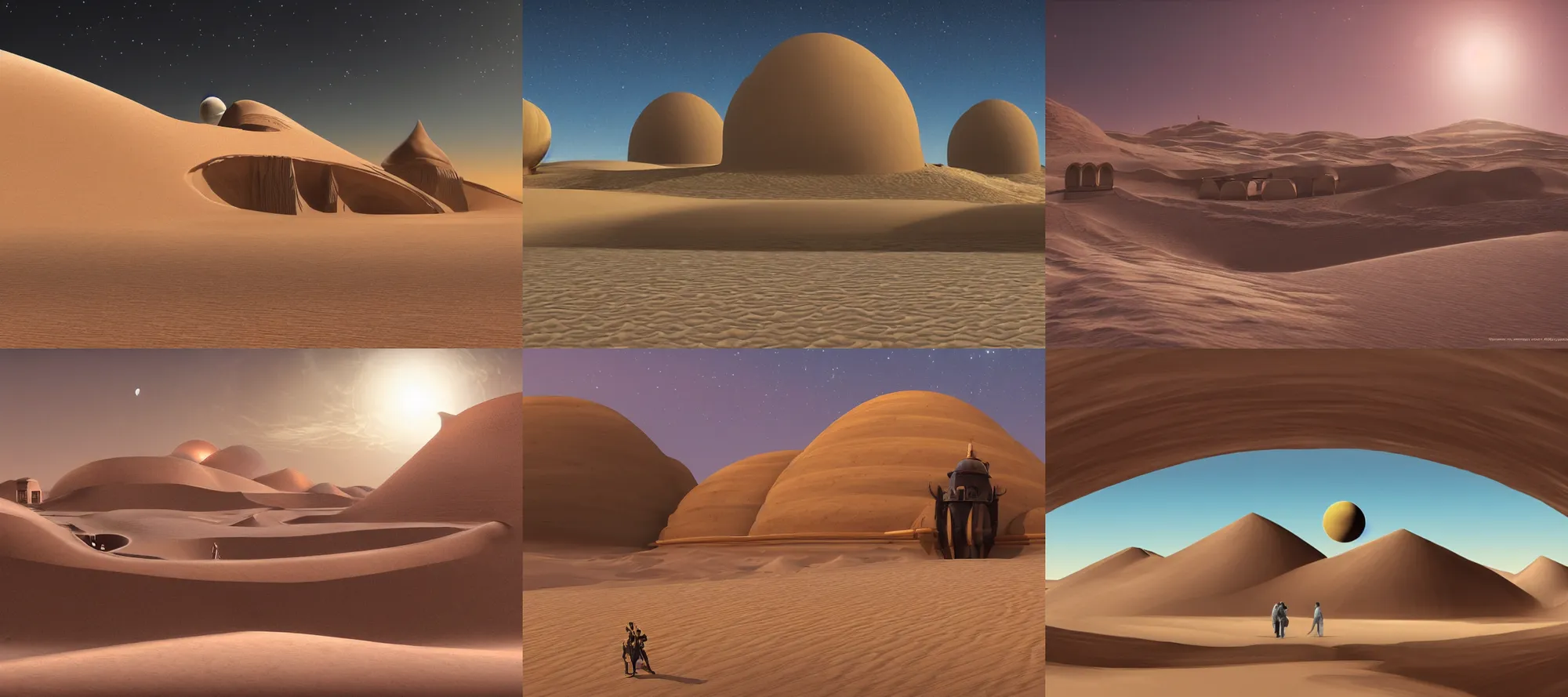 Prompt: beautiful palace in the Dune architecture on a desert planet, crescent planets in the background, concept art