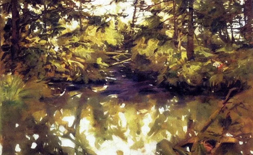 Image similar to oil painting by anders zorn, wild forest, very very very very beautiful art, dramatic light, strong shadows, reflections, boat with colorful sail and white dress