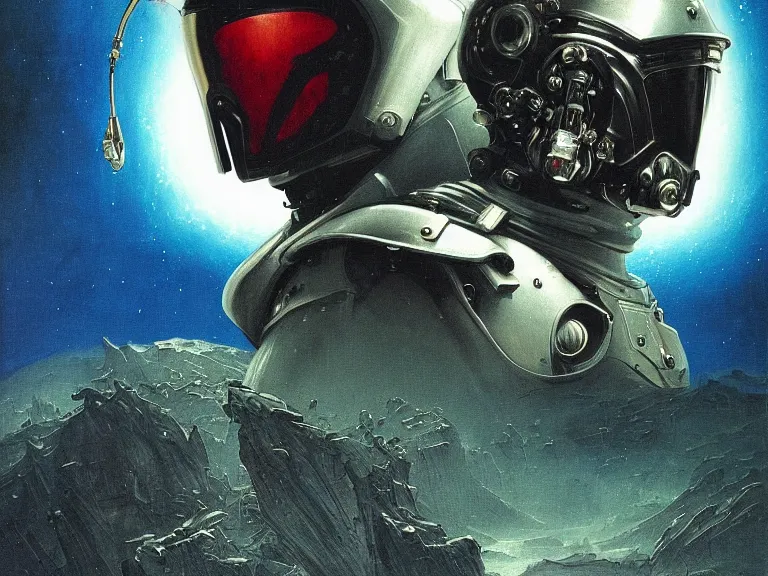 Image similar to a detailed profile painting of a bounty hunter in armour and visor, cinematic sci-fi poster. Spaceship high in the background. Flight suit, anatomy portrait symmetrical and science fiction theme with lightning, aurora lighting clouds and stars. Clean and minimal design by beksinski carl spitzweg giger and tuomas korpi. baroque elements. baroque element. intricate artwork by caravaggio. Oil painting. Trending on artstation. 8k